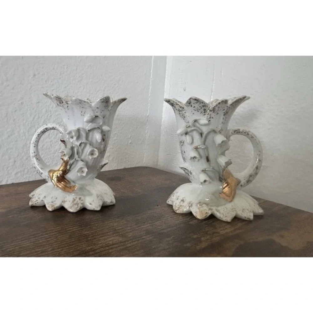 PAIR 2-PC Vintage Lefton China #285 Hand Painted 3D‎ Floral Candle Stick Holders